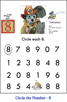 Circle the Number Worksheet  Eight (8) with Dalmatian puppy art and an “8” number block from the wiggly-eyeball counting book, Ten Little Puppies.